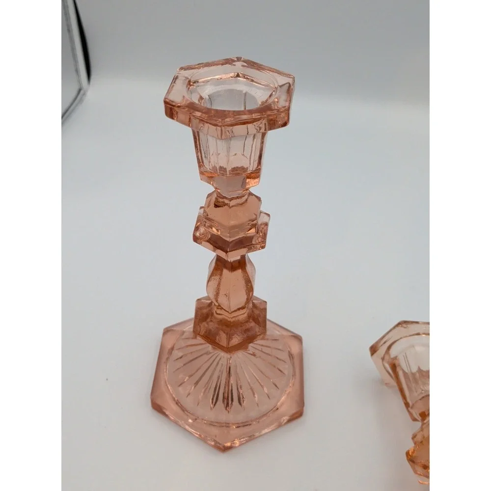 Pair of Vintage Deep Rose Pink Depression Glass Candlesticks, Beacon Hill 7.5